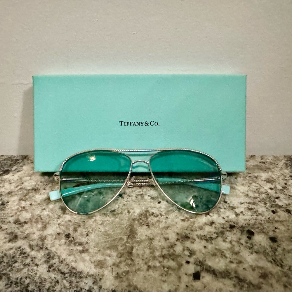 NIB NEW T by Tiffany & Co. Silver Aviator Sunglasses with Blue Lenses